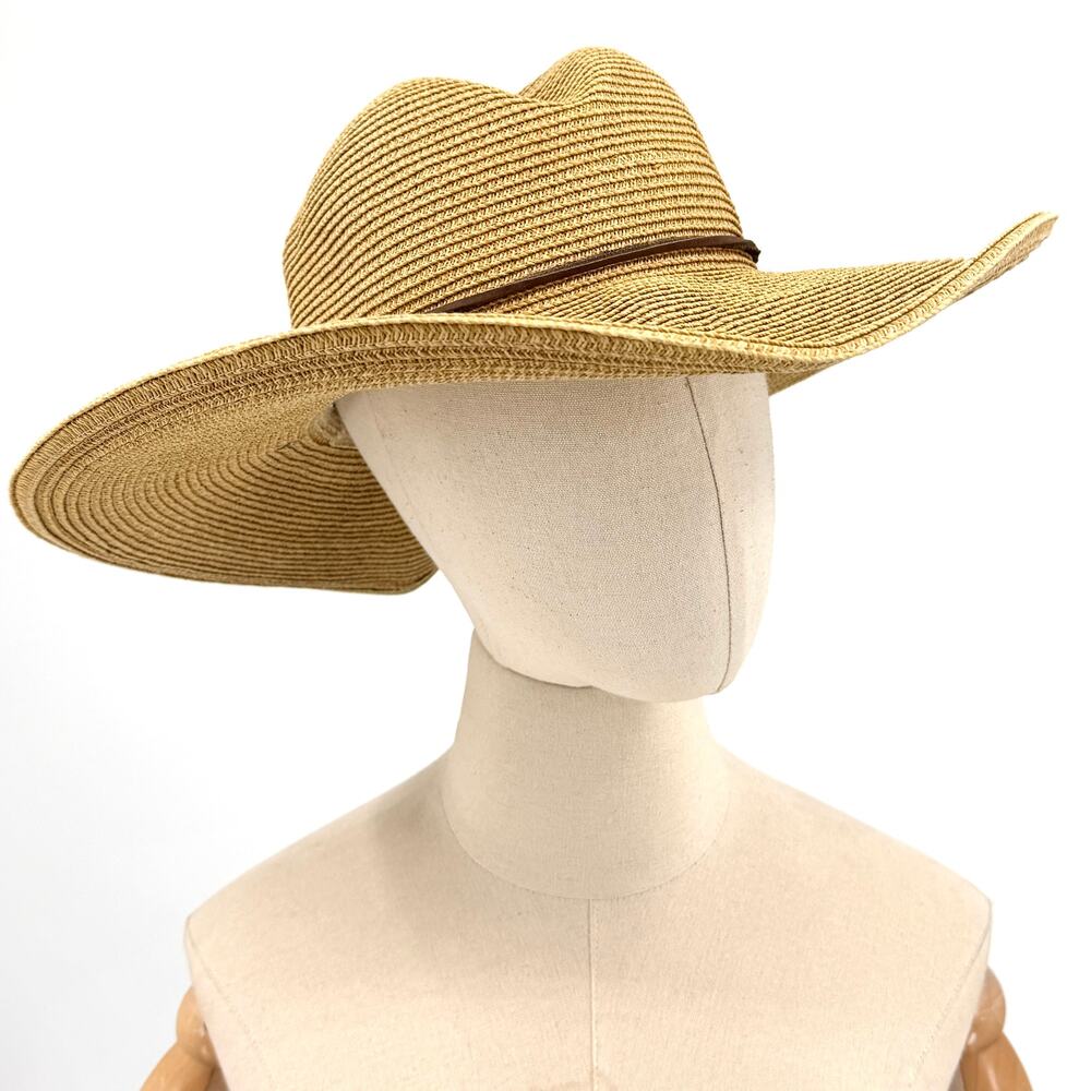 Vintage 90s Scala Collezione Tan Heavyweight Straw Leather Band Sun Hat